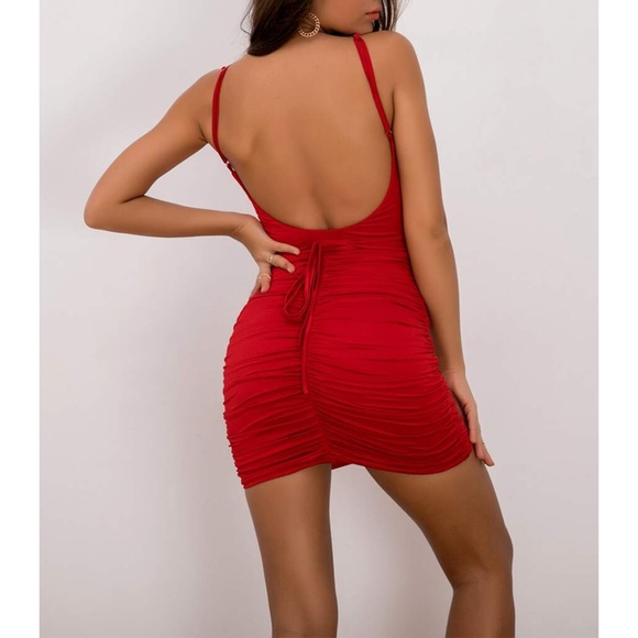 Red Front Knot Lace Up Ruched Sexy Mini Dress - Picture 2 of 13